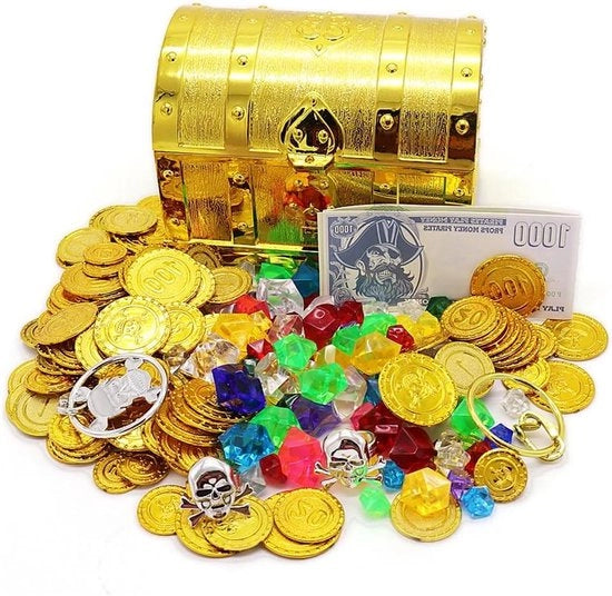 Mini cassa per bambini con chiusura e chiave - Scatola di gioco 14 x 11 x 10 cm - 120 monete d'oro e 100 gram di diamanti