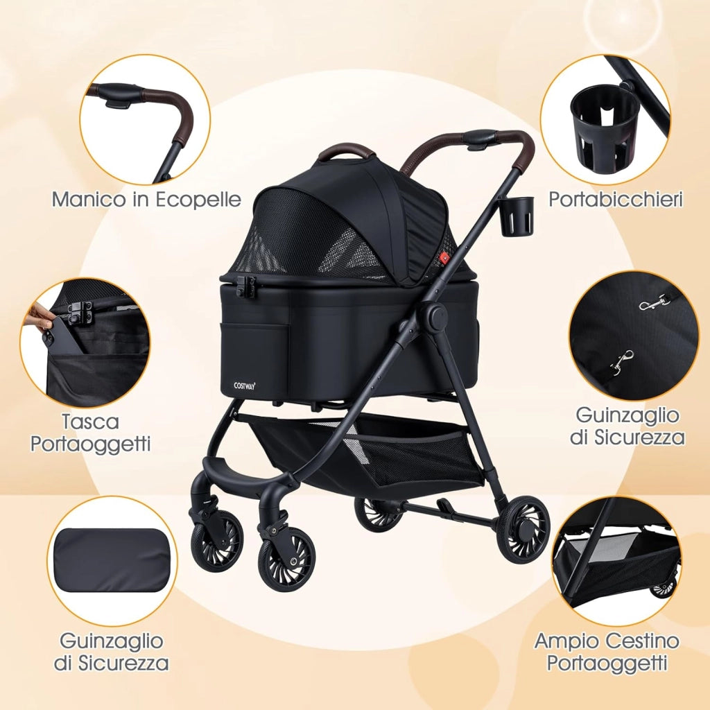 3-in-1 Passeggino per Cani, Carrozzina per Cani Rimovibile Fino a 15 kg con Tetto in Rete Regolabile, Cesto Portaoggetti e Cintura di Sicurezza, Passeggino Portatile per Cagnolino (Nero)