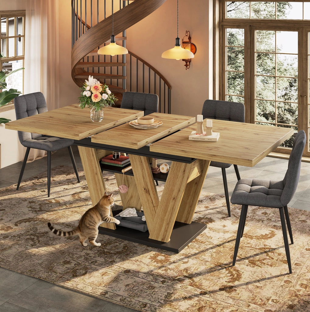 Tavolo da pranzo allungabile 119-158.5x80x75 cm con vano contenitore; MDF nero e naturale
