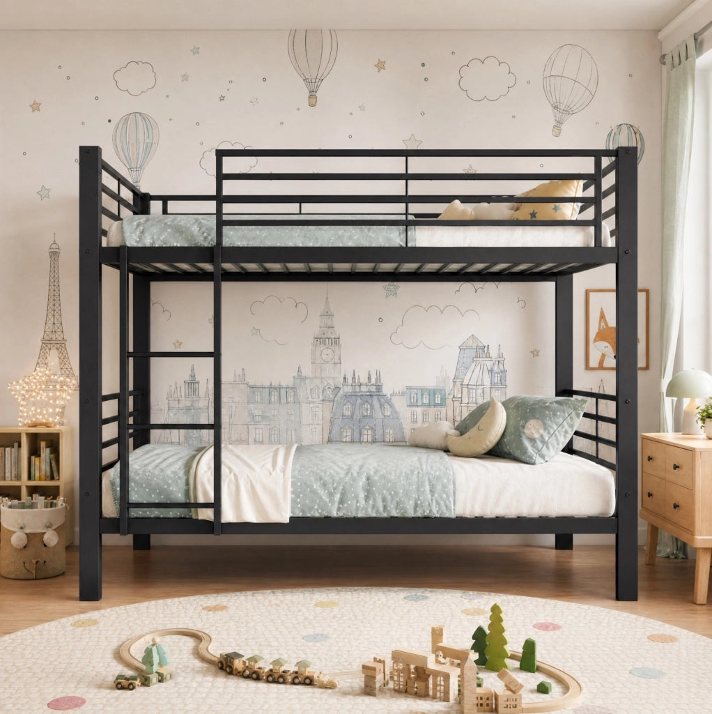 Letto a castello in metallo nero con scala reversibile e struttura silenziosa