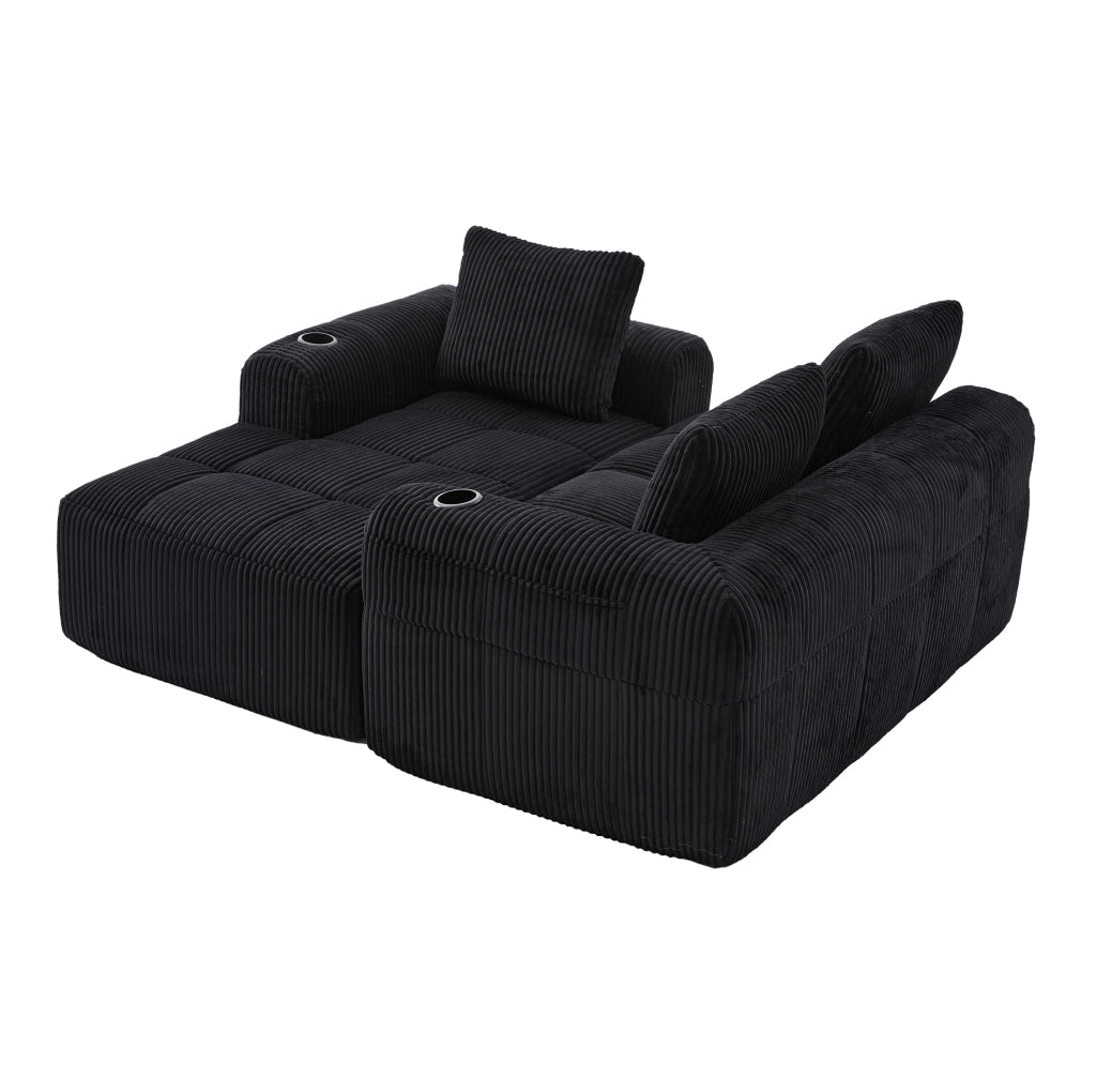 Sofa modulare in corduroy nero con tasche laterali e portabicchieri; 253 x 158 x 61 cm