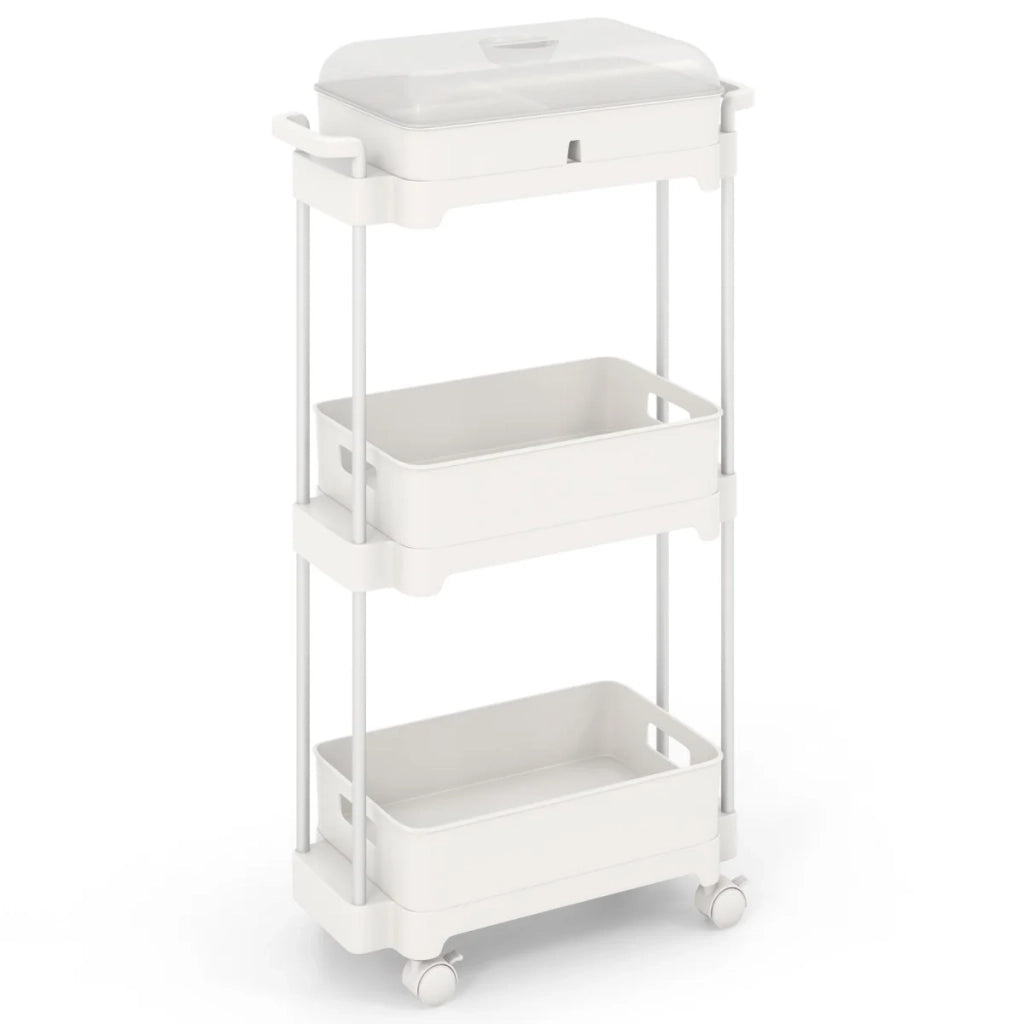 Carrello portaoggetti a 3 ripiani 46 x 21 x 82 cm coperchio trasparente design multifunzionale lega di alluminio bianco 20_0011360