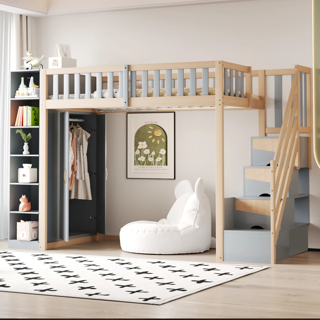 OKWISH Letto a Soppalco 90×200 cm, Letto Singolo con Armadio, Mensole e Scala con Contenitore, senza Materasso, in Legno, Grigio