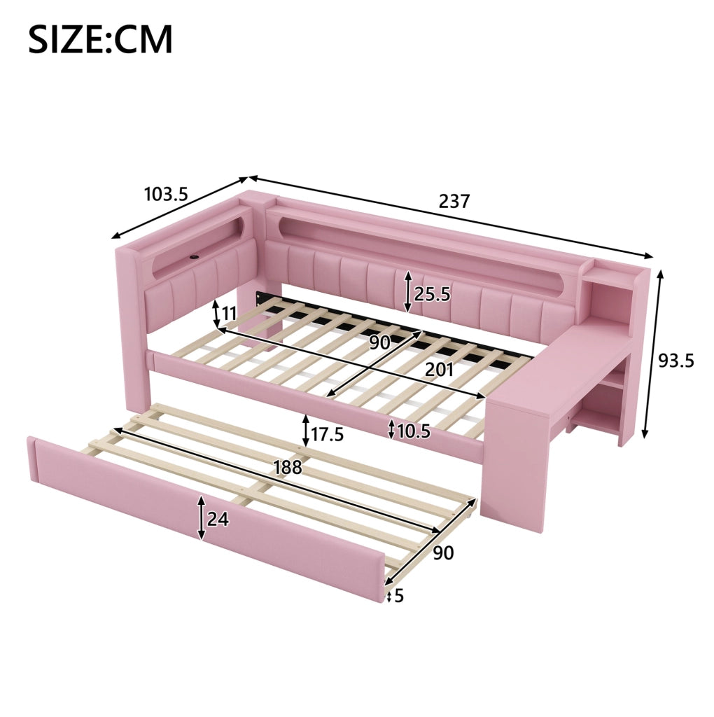Letto imbottito 90x200 con LED, USB, letto estraibile e scrivania rosa