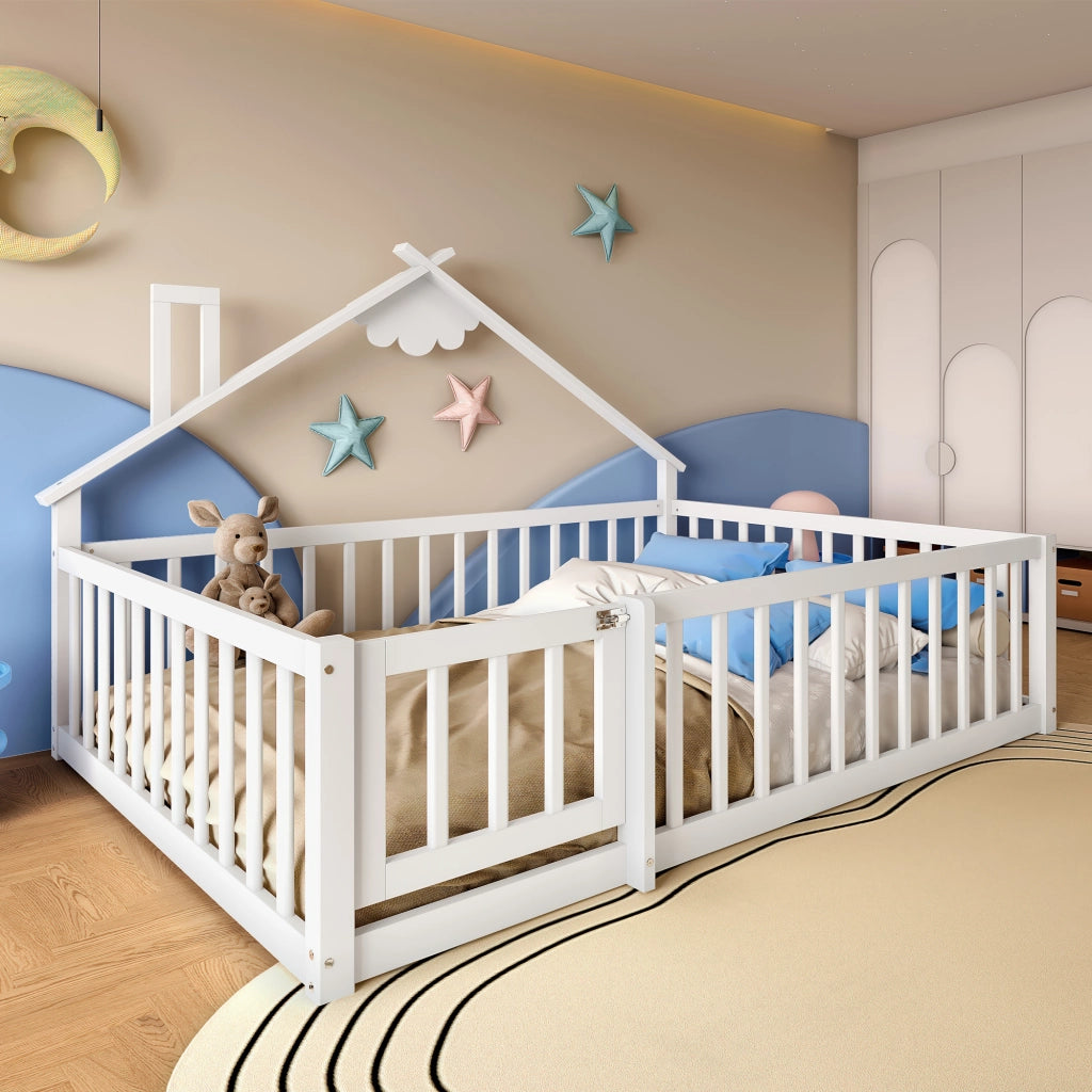 OKWISH Letto a casetta 140×190 cm, Letto Matrimoniale con Sponda 32 cm e Chiusura, senza Materasso, in Pino e MDF, Bianco