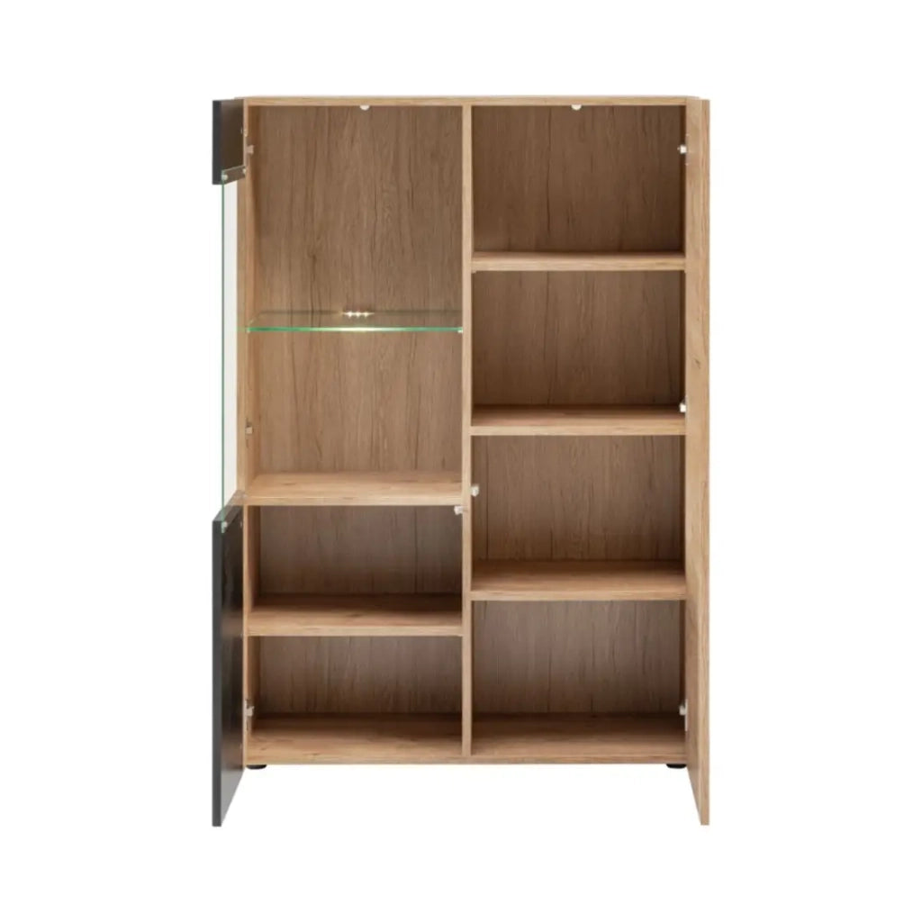 Set di soggiorno DOUM – Rovere chiaro e nero – Con camino a bioetanolo – L320 x H192 x P45 cm
