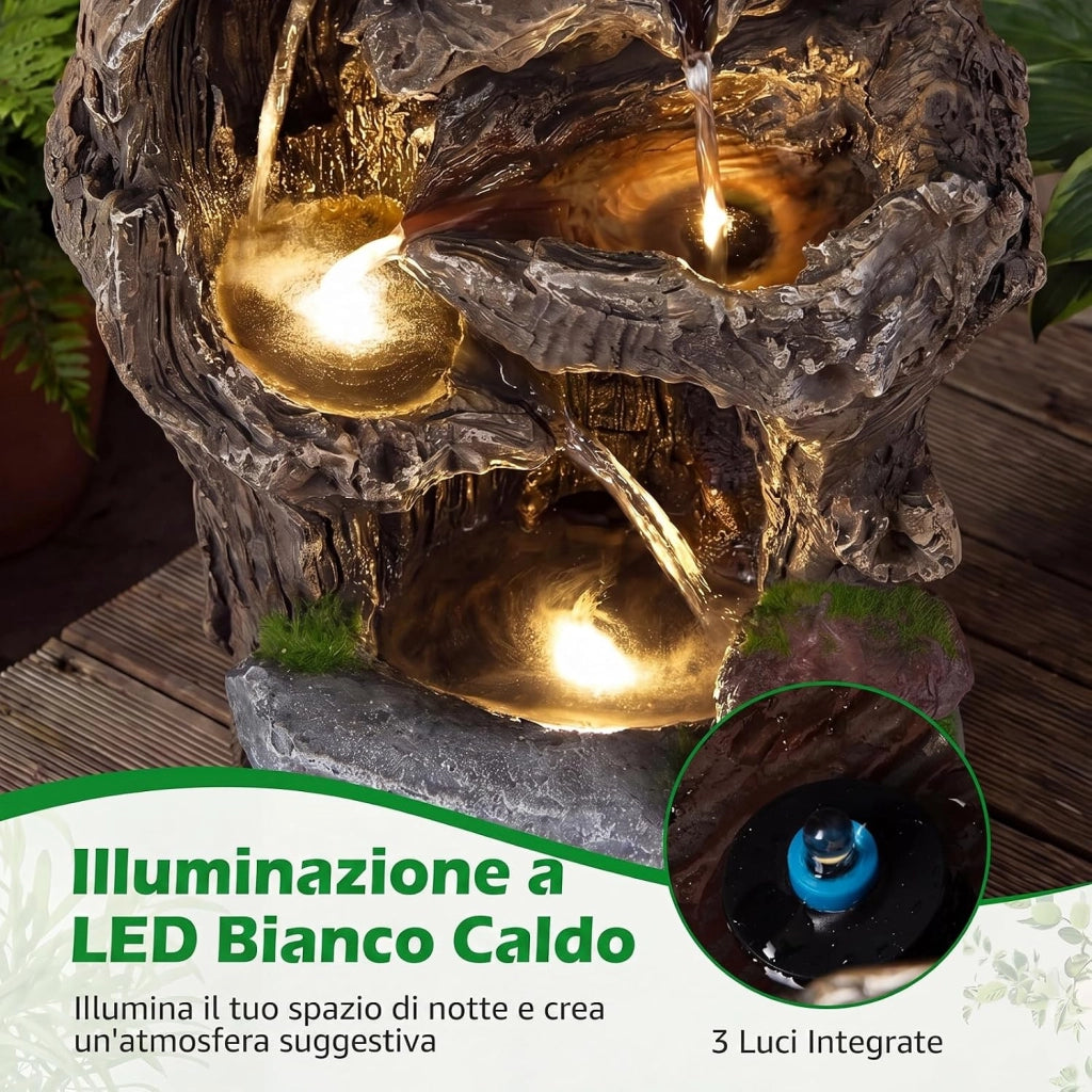 Fontana a Cascata, Fontana da Esterno con Illuminazione LED, Pompa e Muschio Artificiale, Ornamento Cascata in Stile Roccia per Cortile, Balcone e Salotto, 30,5 x 26 x 53 cm