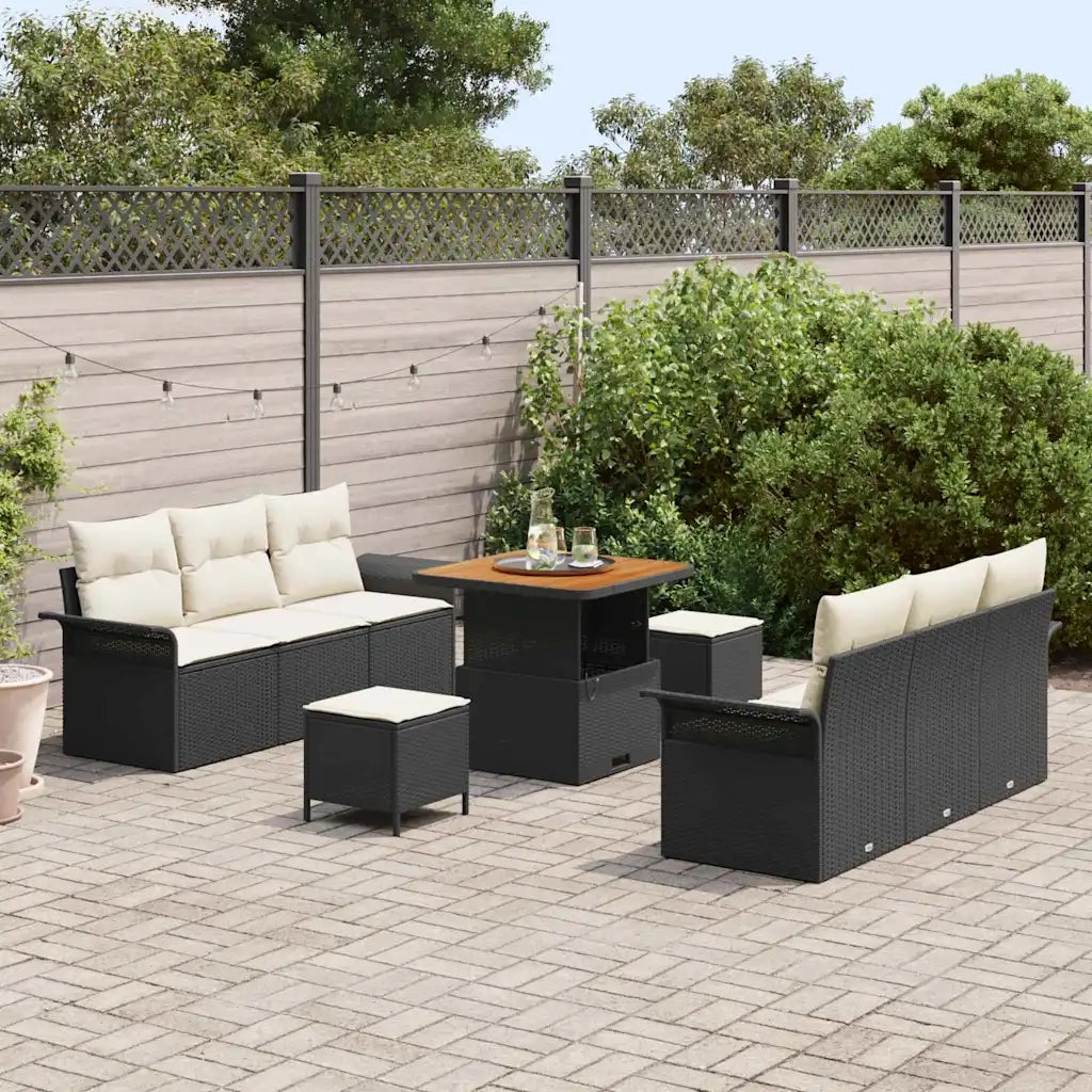 Set Divano da Giardino con cuscino 9 pcs Nero polyrattan