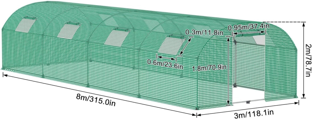 Serra in pellicola, 3 x 8 m, con 8 finestre, per la coltivazione e la coltivazione di piante