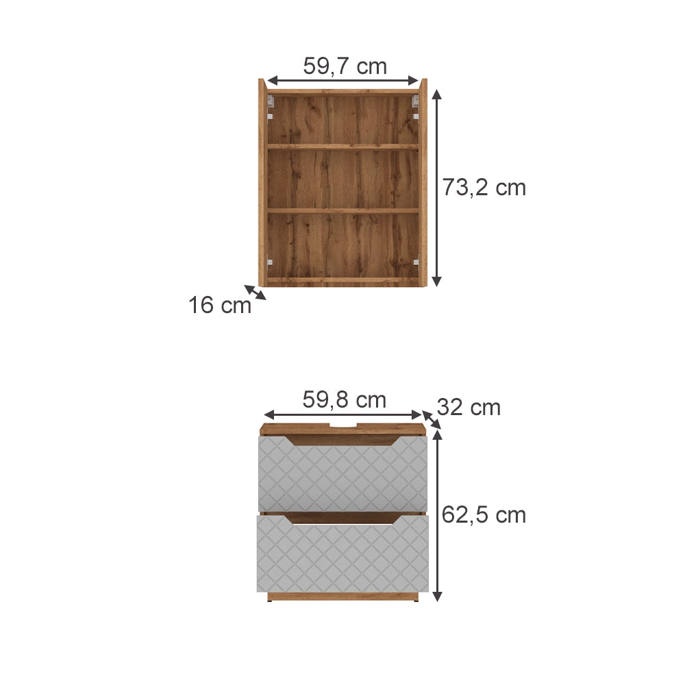 Vicco Set di mobili da bagno Rovere/grigio con struttura in piastrelle 2 parti