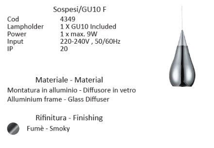 SOSPESI-GU10 F Sospensione vetro 1 luce color fumè attacco GU10 diam.10cm senza base h.23cm