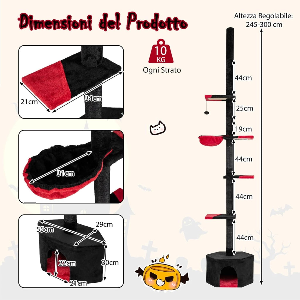 Albero per Gatti in Stile Gotico, Tiragraffi per Gatti da Pavimento a Soffitto Regolabile 245-300 cm con Condo, Amaca, Tiragraffi in Sisal e Pallina Pendenti, Mobile da Interno per Gattini