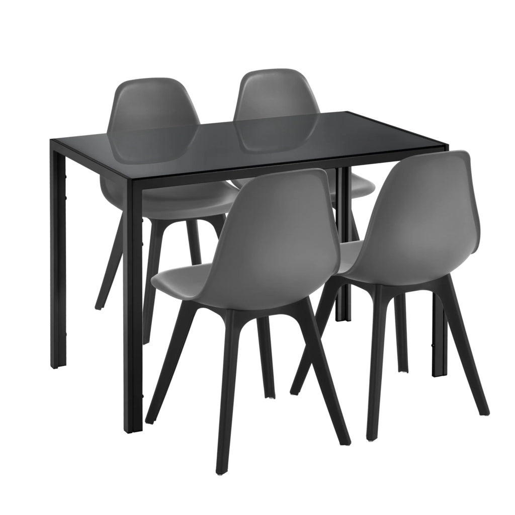 Set tavolo da pranzo e 4 sedie. Tavolo da pranzo con 4 sedie metallo legno plastica vetro nero e grigio 105 cm x 60 cm x 75 cm 03_0006941