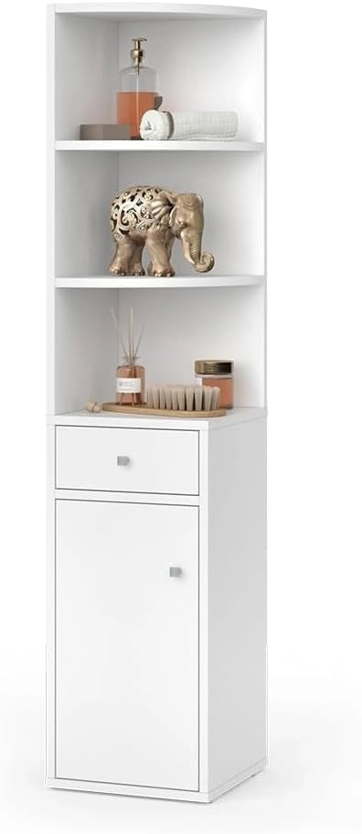 Scaffale d'angolo Larry, Bianco, 30 x 135.5 cm con anta e cassetto, per riporre libri e decorazioni negli angoli