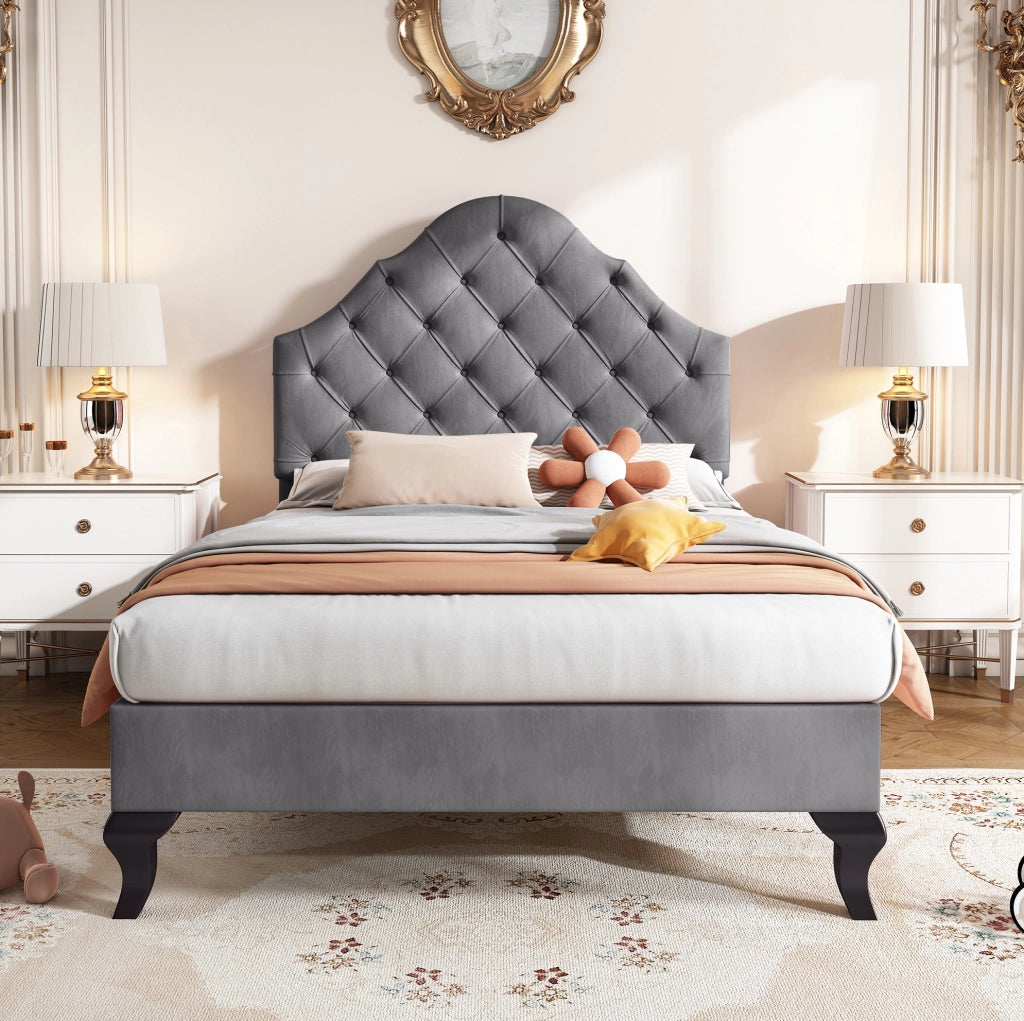 Letto imbottito in velluto grigio 90 x 200 cm con rete a doghe e testiera