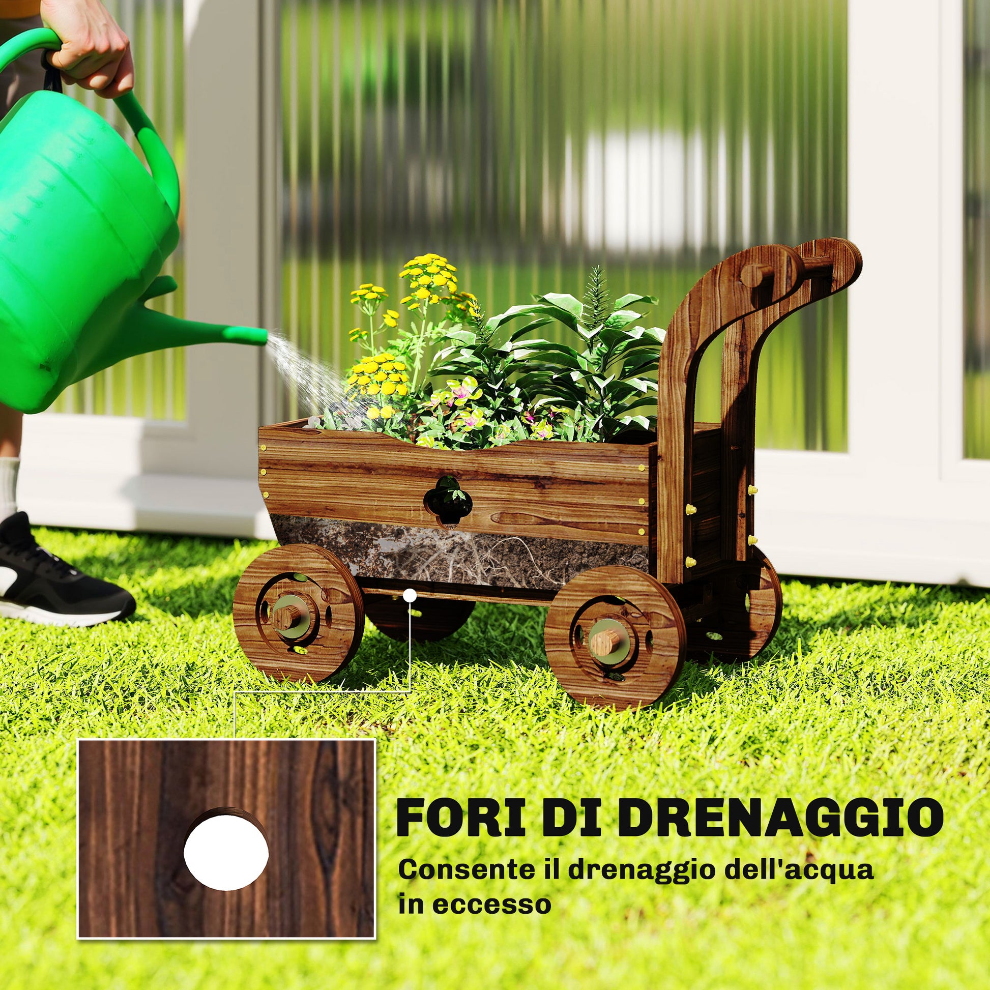 Fioriera a Carretto 68x38x52 cm con 4 Ruote Maniglia e Fori di Drenaggio in Legno