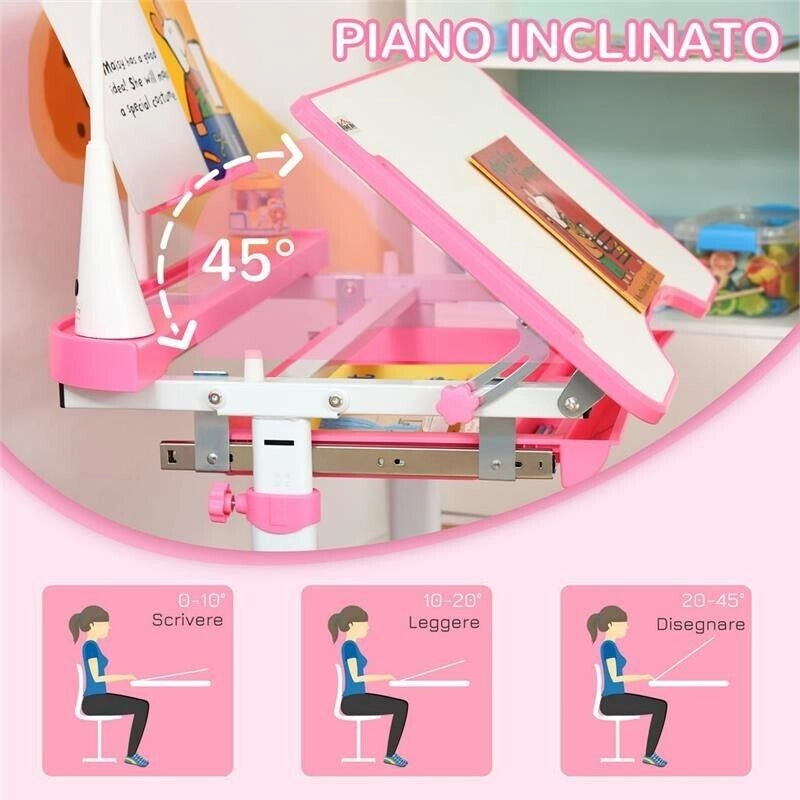 BANCO SCUOLA CON SEDIA BAMBINI 6-12 ANNI ALTEZZA E INCLINAZIONE REGOLABILE ROSA