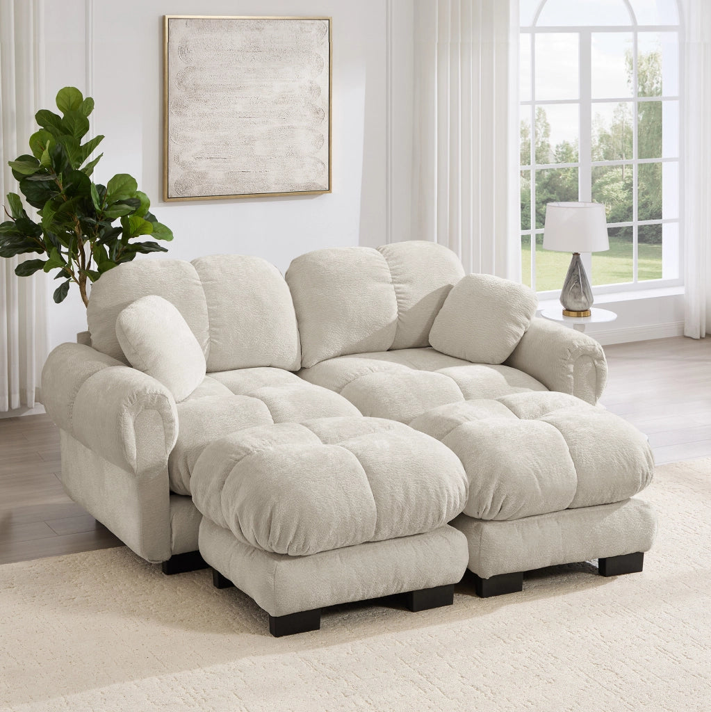 Divano modulare in ciniglia con cuscini trapuntati e cuscino mobile; 190×149×90 cm; khaki chiaro