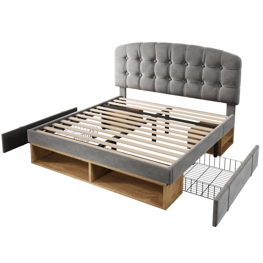 Letto imbottito 140x200 cm con testiera regolabile; cassetti e vani; velluto grigio