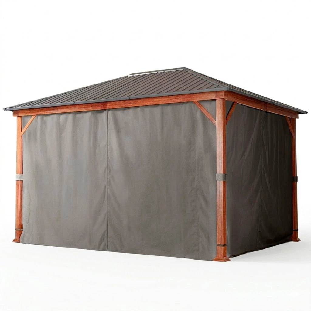 Gazebo Per Giardino 3x4 Metri Con Struttura Effetto Legno Tetto In Acciaio Zincato E Tende Laterali Impermeabili Adatto A Patio Terrazza E Outdoor 300 x 400 x 295 Cm Effetto Legno E Grigio