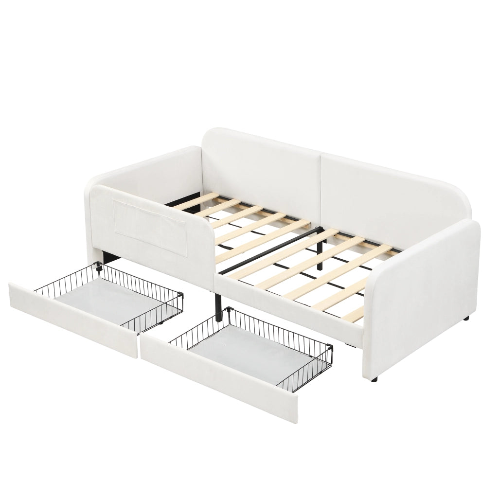 Letto a Divanetto 90x200 cm; Letto Singolo - 2 Cassetti e 3 Tasche - Velluto Bianco