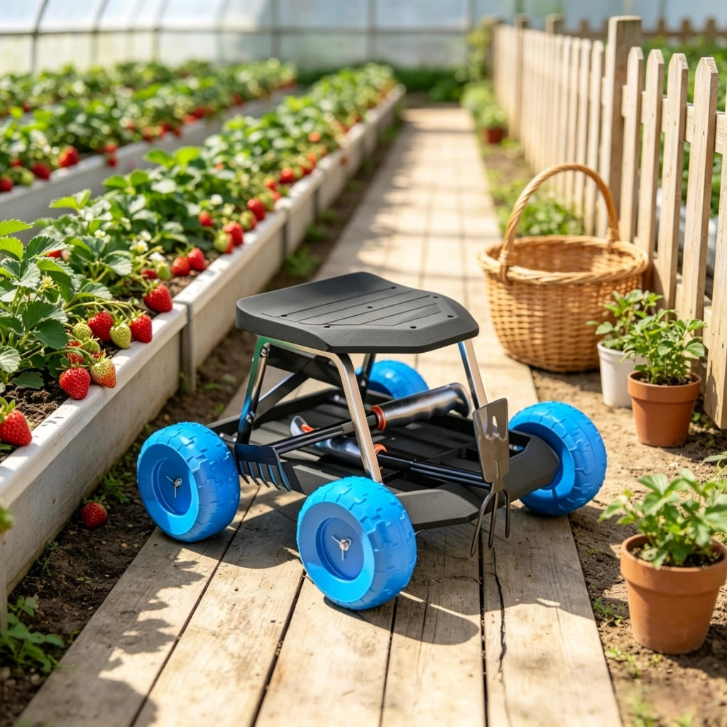 Sgabello da giardino mobile con rotelle e ripiano, seduta pratica per officina (solo 1 sgabello)