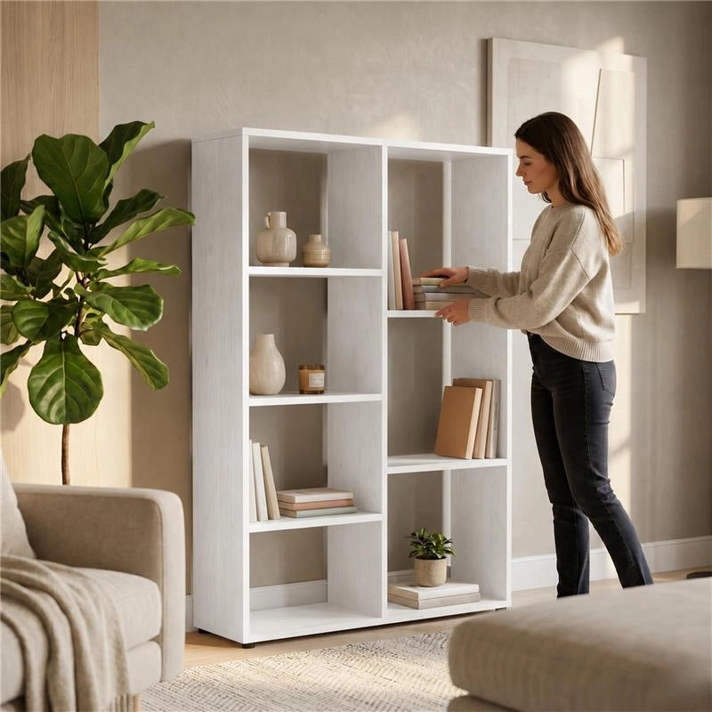 LIBRERIA IN LEGNO BIANCO MODERNA CON 7 RIPIANI SFALSATI DIMENSIONI 80X24X126 CM