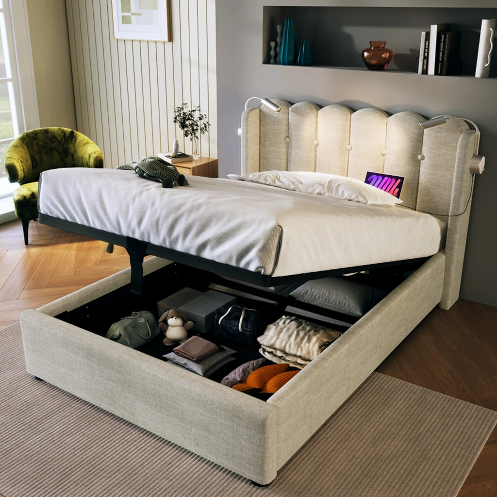 OKWISH Letto contenitore 90×200 cm, Letto Singolo con Testiera, Lampada da Lettura e USB, senza Materasso, in Lino, Naturale