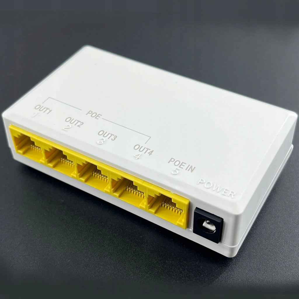 Ripetitore POE 104JS – 1x IN 4x OUT | 24W, 10/100 Mbps, 57V | Compatibile con Telecamere IP, Controllo Accessi