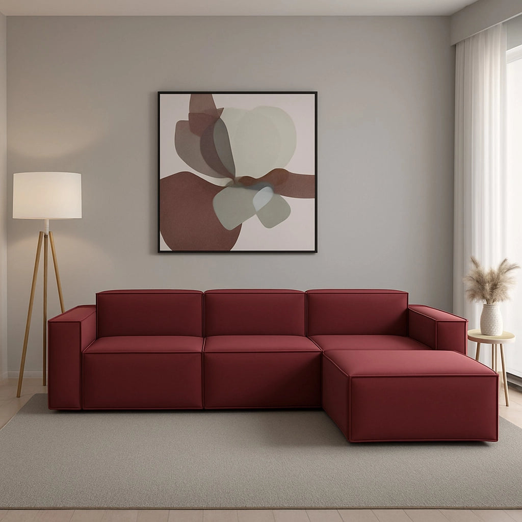 Divano fisso Asvaldo, Divano componibile a 4 posti con penisola destra, Made in Italy, SofÒ  moderno in tessuto, Cm 340x170h70, Rosso