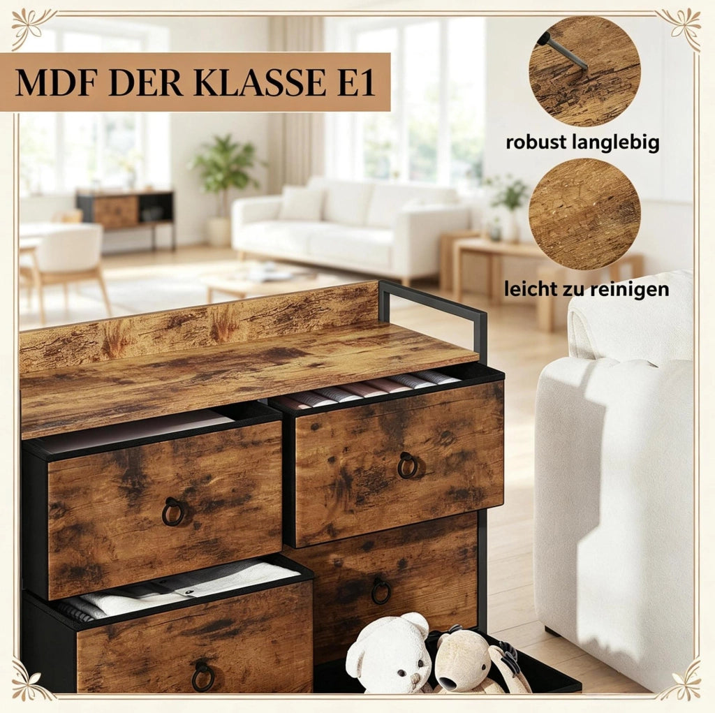 Mobile con 6 cassetti in legno ingegnerizzato e metallo, 80x29x78 cm, colore marrone rustico e nero