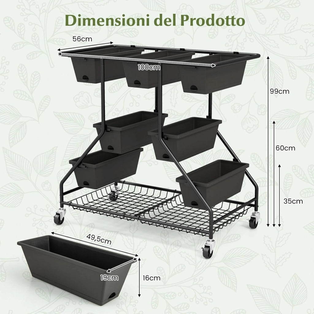 Letto da Giardino Verticale Sollevato con 7 Vasi, Cestini di Stoccaggio, Fori di Drenaggio e 4 Ruote Bloccabili, Scaffale Portafiori da Esterno ed Interno, Piantatore Elevato a 3 Livelli per O