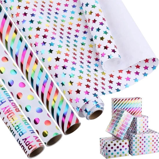 Papier da Regalo a Rullo - 4 Rulli - 43 cm x 3 m - Arcobaleno - Cadeaupapier - Folie Colorata - Progetto Festa - Design Compleanno - Festa - Vacanze - Baby Shower