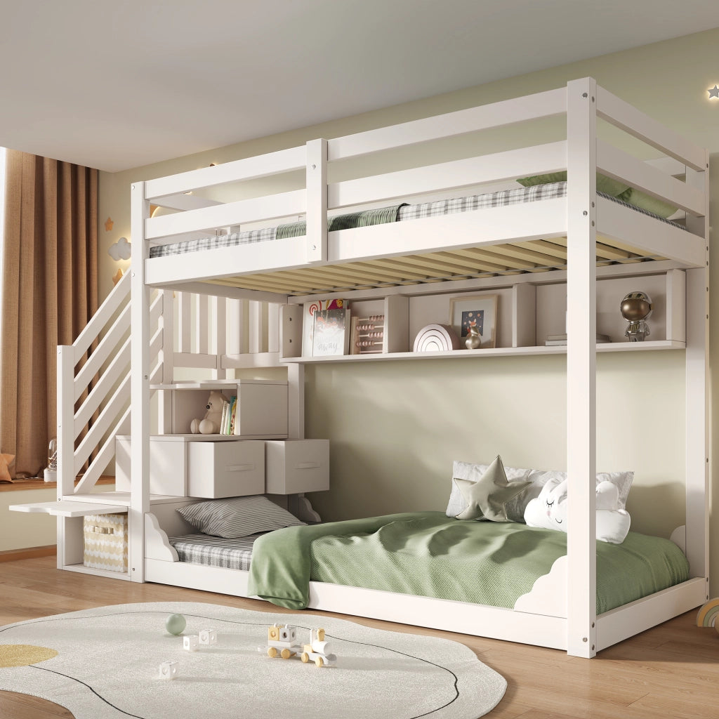 LETTO a castello 90x200 cm in legno bianco con armadio scala e contenitori