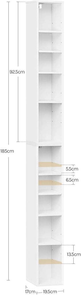 Porta CD a Colonna, Libreria Stretta e Alta con 10 Scomparti, Capacità Max. 160 CD, DVD, Libreria Verticale a Colonna da Terra, Bianco, SK063ws