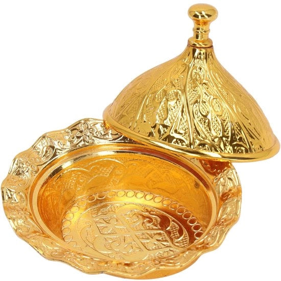 Decorativa Scatola per Zucchero con Coperchio in Ottone con Finitura in Oro - Stile Turco - Comparto Decorativo per Conservazione - Materiale Duraturo - Comparto di Conservazione Pratico