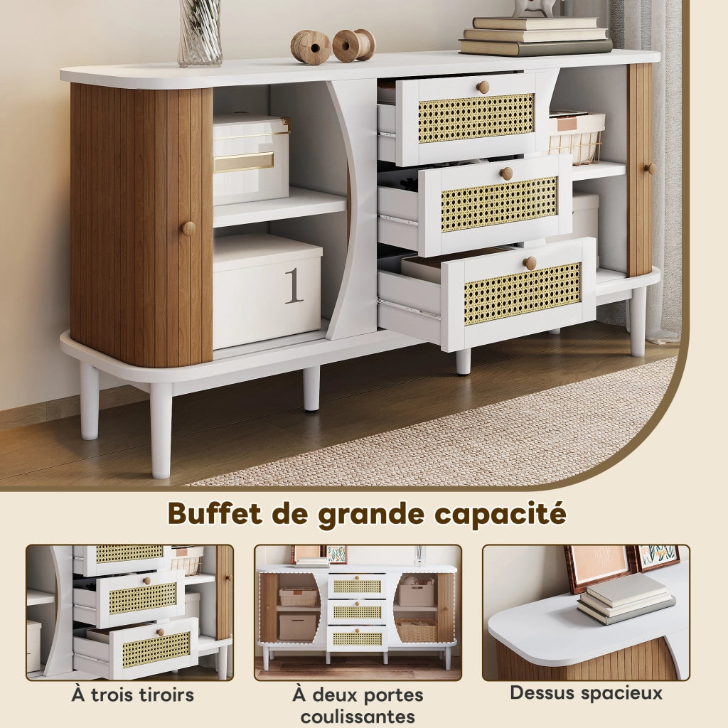Credenza con 2 Ante 3 Cassetti in Rattan e Ripiani Regolabili per Soggiorno in MDF 140;5 x 40 x 76 cm Bianca