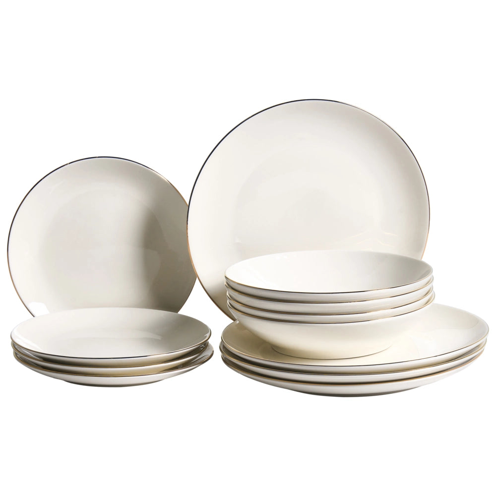 Set da 12 pezzi di servizio da tavola in porcellana bianco sporco con bordi decorati in oro e finitura smaltata trasparente – Per cucina e sala da pranzo