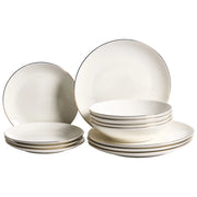 Set da 12 pezzi di servizio da tavola in porcellana bianco sporco con bordi decorati in oro e finitura smaltata trasparente – Per cucina e sala da pranzo