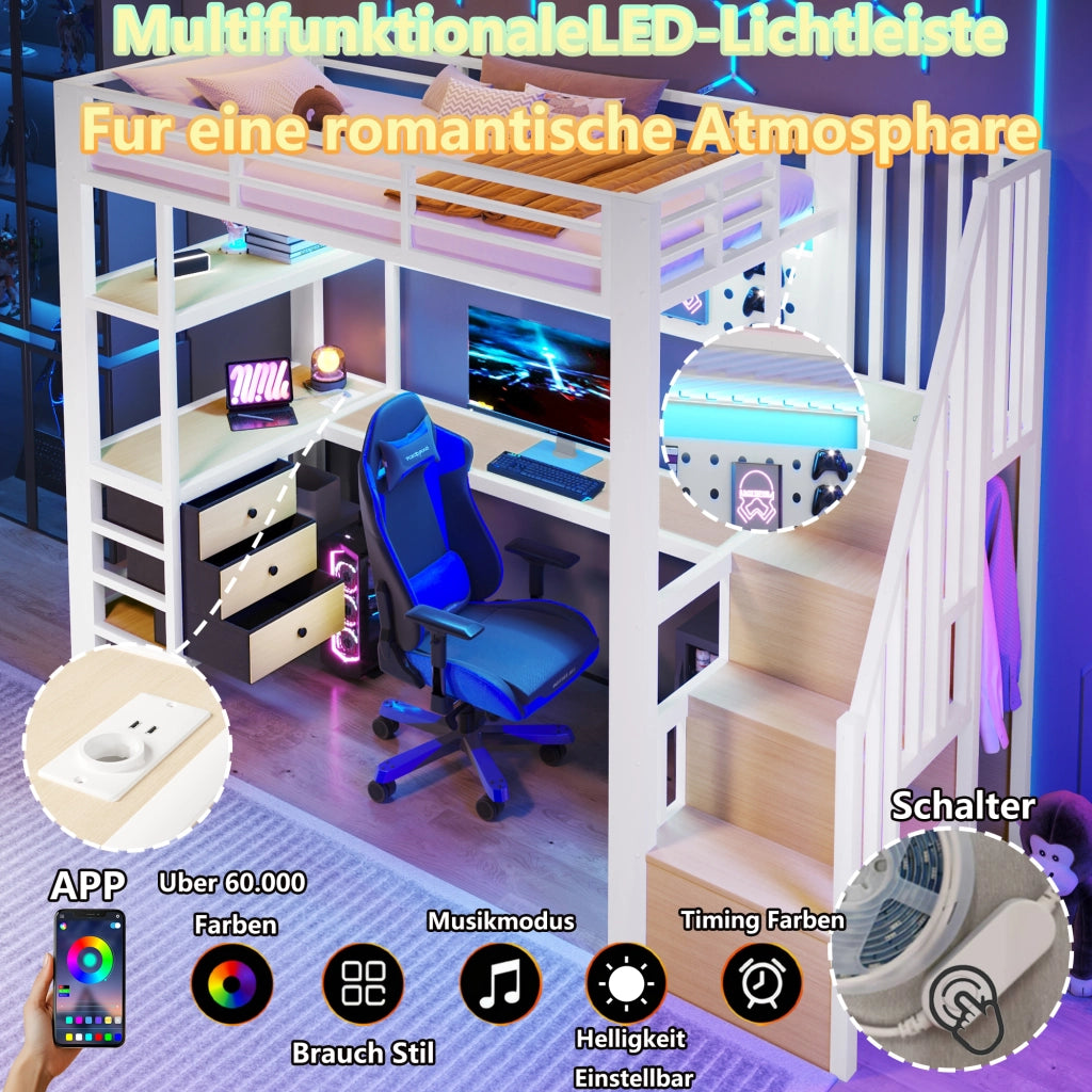DESMIU Letto a soppalco 90 × 200 cm 1 posto con scrivania, ripiani, cassetti, LED e presa, senza materasso, bianco