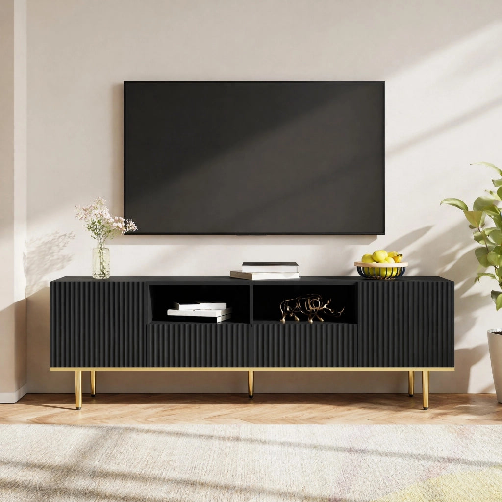 Mobile TV moderno 165 cm con 2 ante; 2 cassetti e dettagli oro; nero