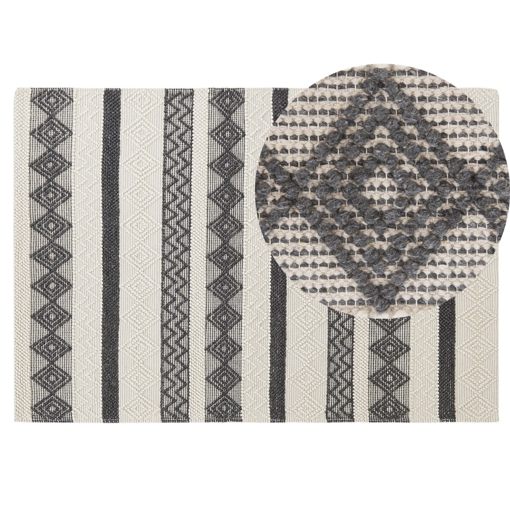 Tappeto in lana beige chiaro e grigio poliestere 140 x 200 cm intrecciato a mano motivo geometrico boho soggiorno camera da letto