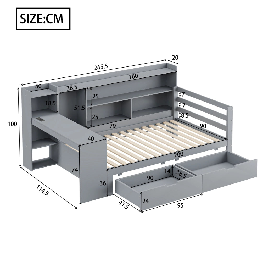 Letto divano multifunzione legno grigio 90x200 cm