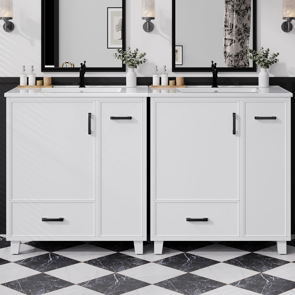 Mobile bagno a terra bianco con lavabo in ceramica e 2 cassetti