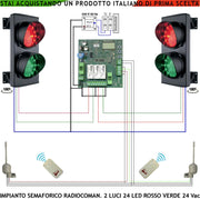 Semaforo Orientabile 180° Rampa Garage Kit Semafori 24 Led Rossi 24 Led Verdi Lente Ø 124 mm Aliment. 24 Vac 3 W IP65 Tempi Regolabili da 8 a 120 Sec. Prenotazione da Operatore Tramite 2 Radiocomandi