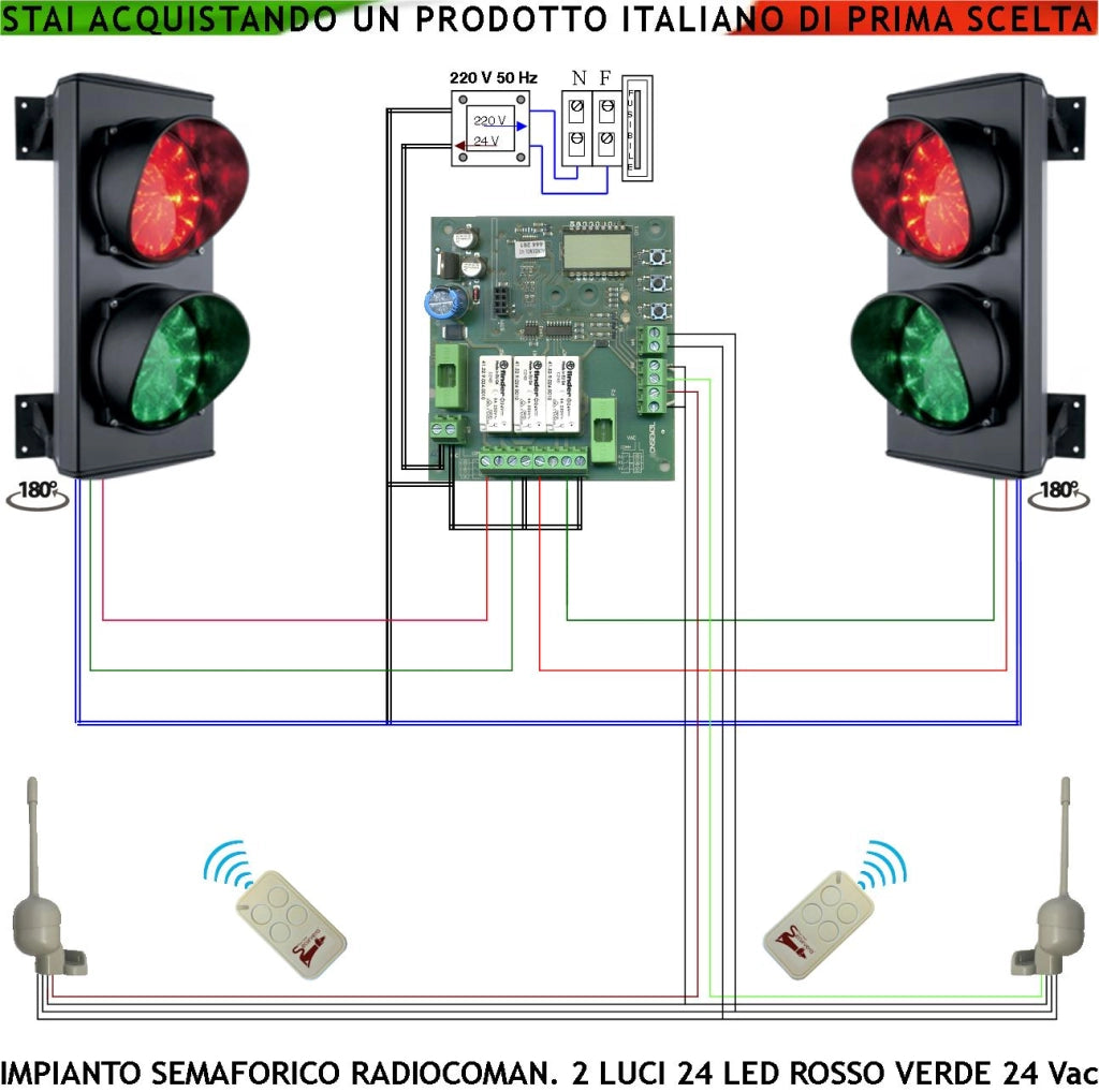 Semaforo Orientabile 180° Rampa Garage Kit Semafori 24 Led Rossi 24 Led Verdi Lente Ø 124 mm Aliment. 24 Vac 3 W IP65 Tempi Regolabili da 8 a 120 Sec. Prenotazione da Operatore Tramite 2 Radiocomandi