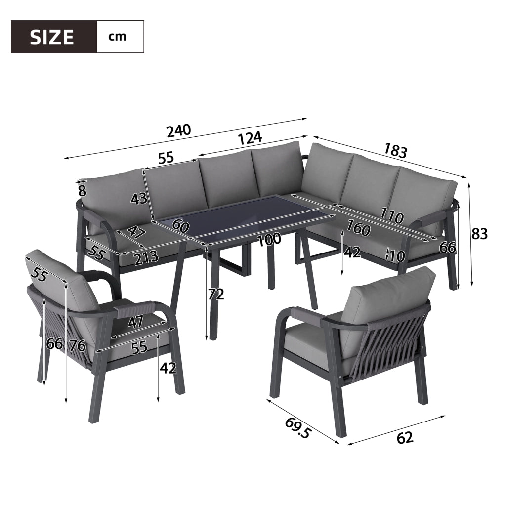 Set da pranzo da giardino set di mobili da giardino posti a sedere fino a 8 persone braccioli e schienali intrecciati tubi in acciaio zincato include divano d'angolo tavolo da pranzo e due poltrone colore: grigio
