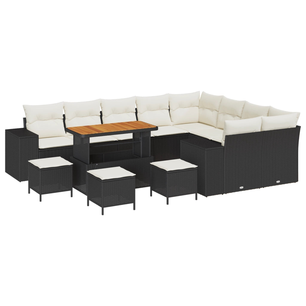 Set di divano da giardino  13 pezzi con cuscini in rattan nero e acacia