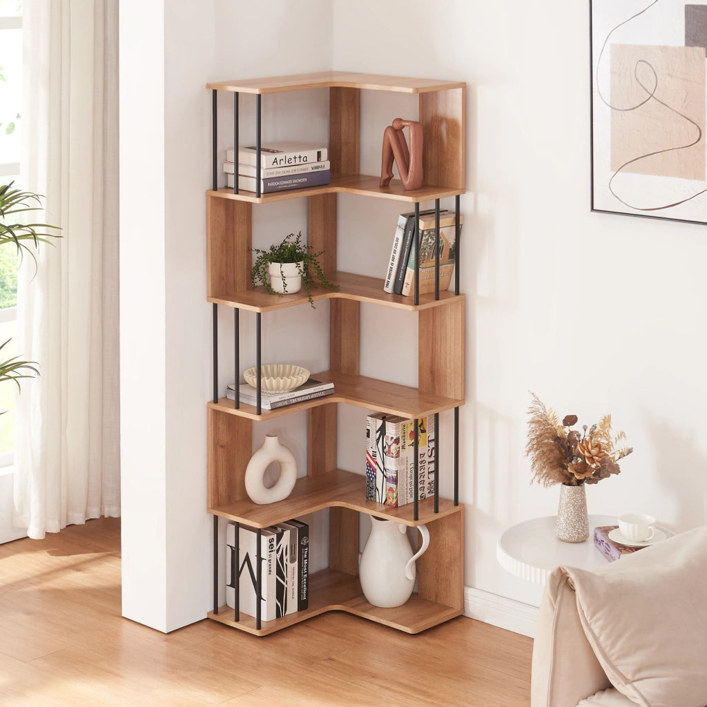 Scaffale Angolare Afrel con 5 Ripiani Aperti 160 x 54 x 54 cm - Effetto Rovere [en.casa]