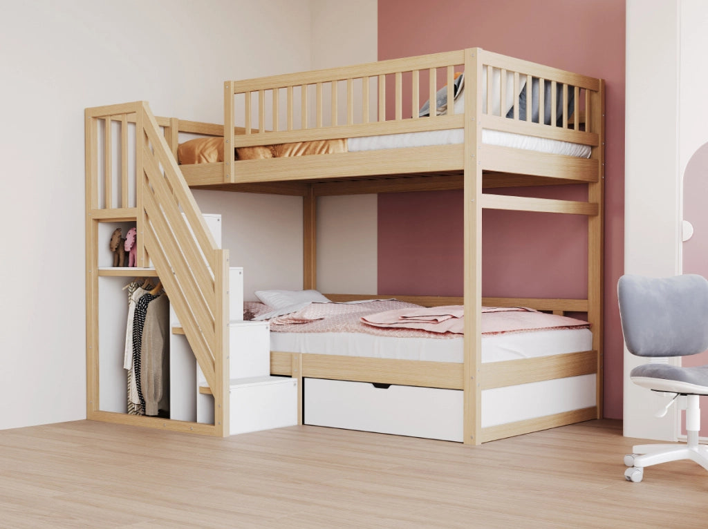 Letto a castello 90x200 cm con scale portaoggetti; cassetti; in legno bianco e colore naturale